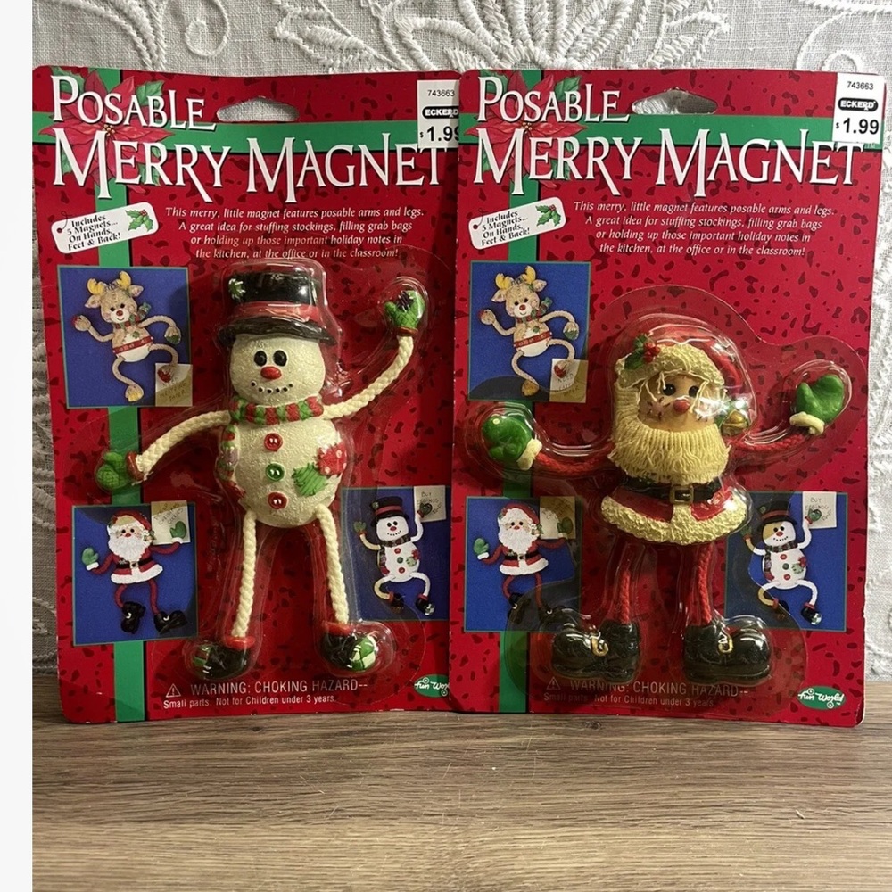 Vintage Posable Merry Magnet Santa Snowman Set Lot Fridge Note Holder Memo Fun